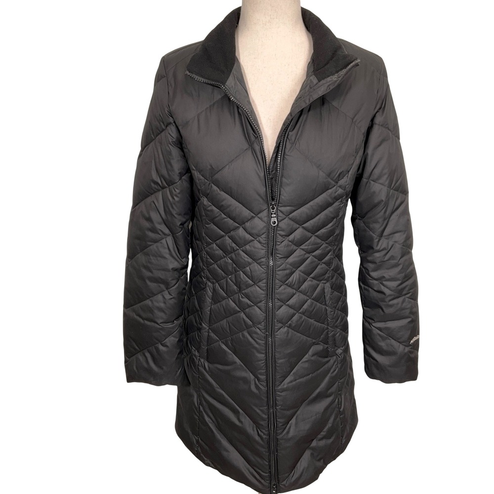 Eddie Bauer Puffer Coat Womens Medium Black Diamond Quilt Down Fleece Long Parka